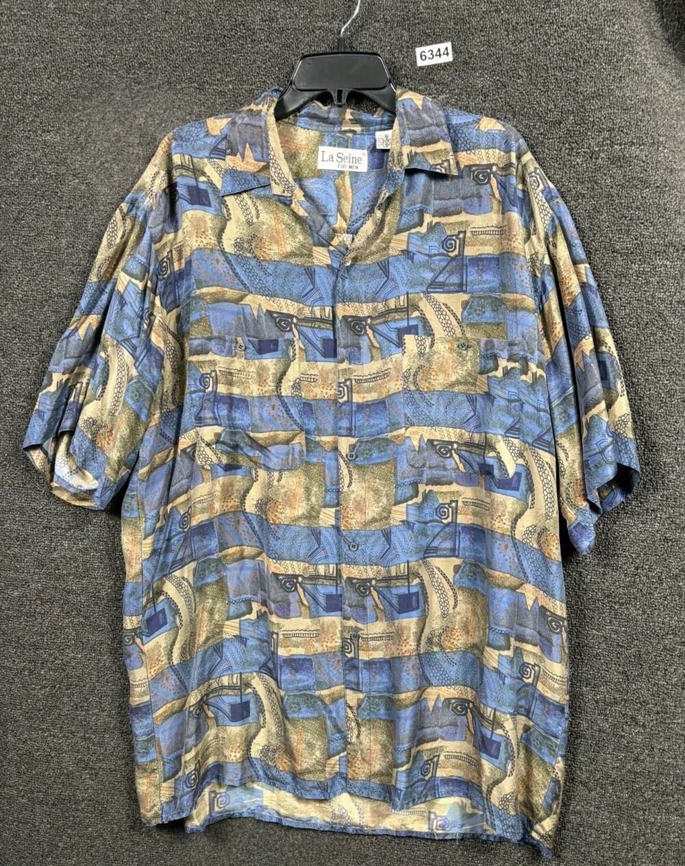 La Seine 100% Silk Button Up Shirt Mens XL Geometric Blue Multi Short Sleeves